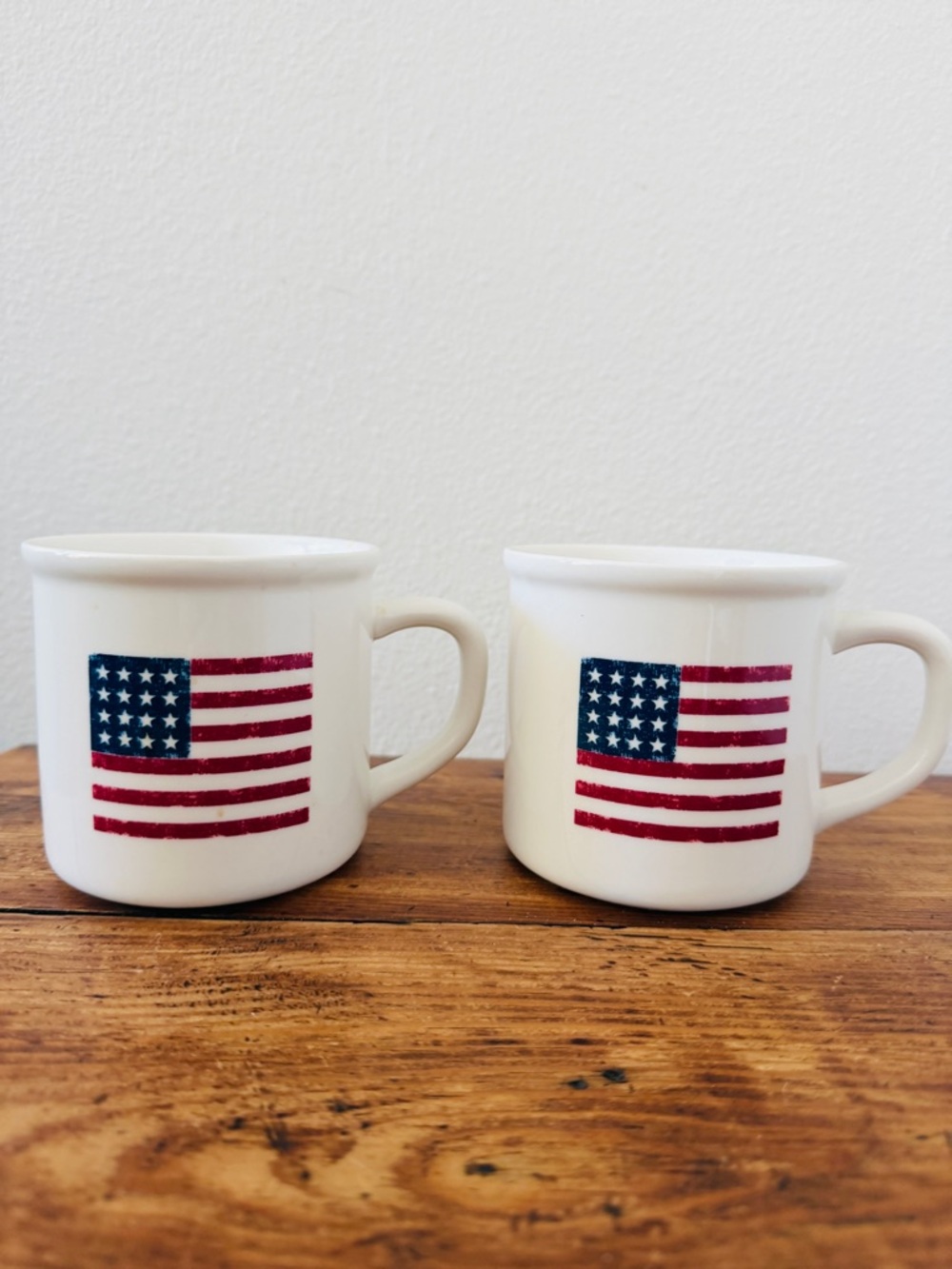 Pottery Barn American Flag White Coffee Mugs Set of Two